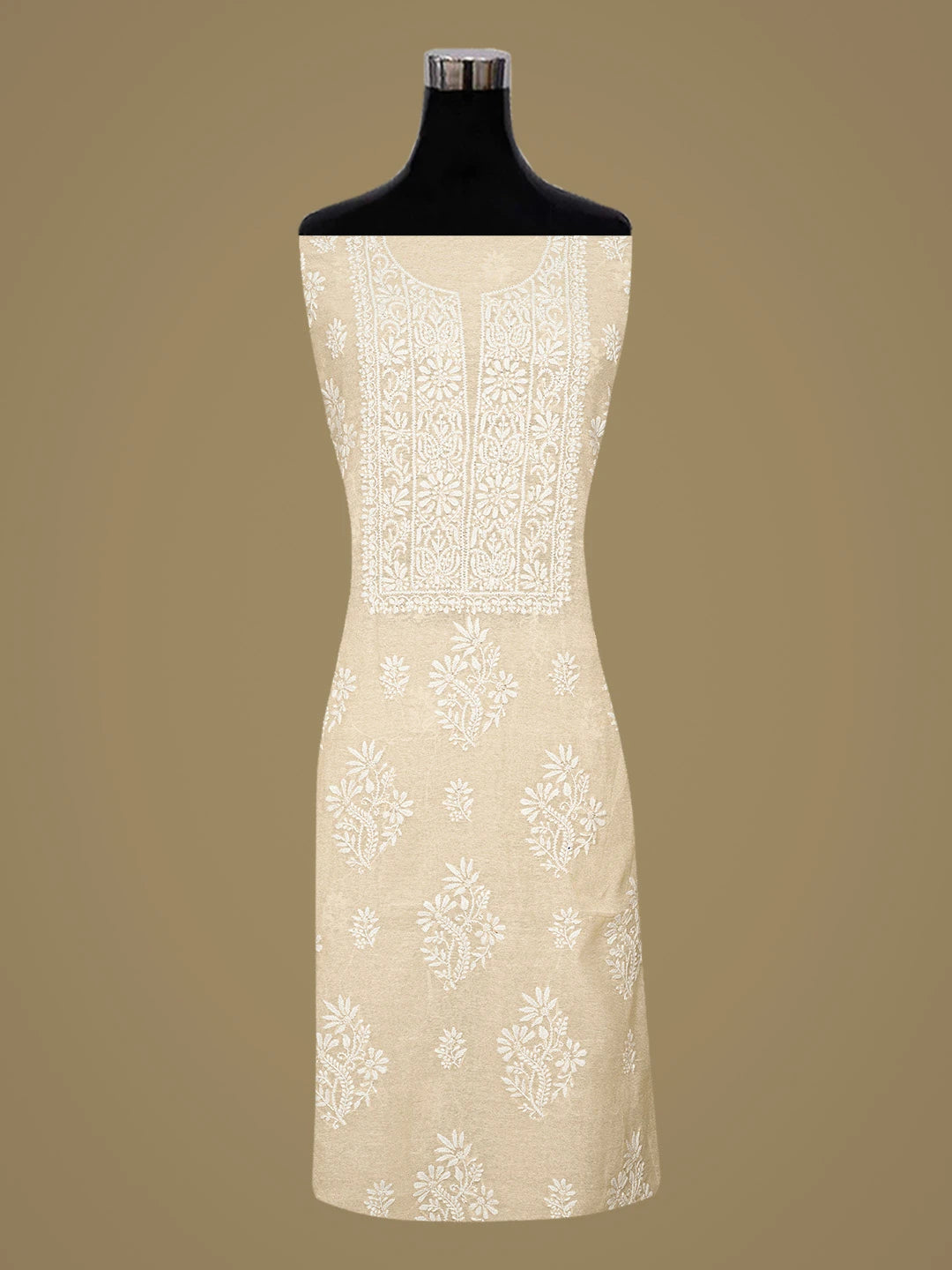 Ada Hand Embroidered Fawn Chanderi Lucknowi Chikankari Unstitched Kurta Dupatta Set 01A838966