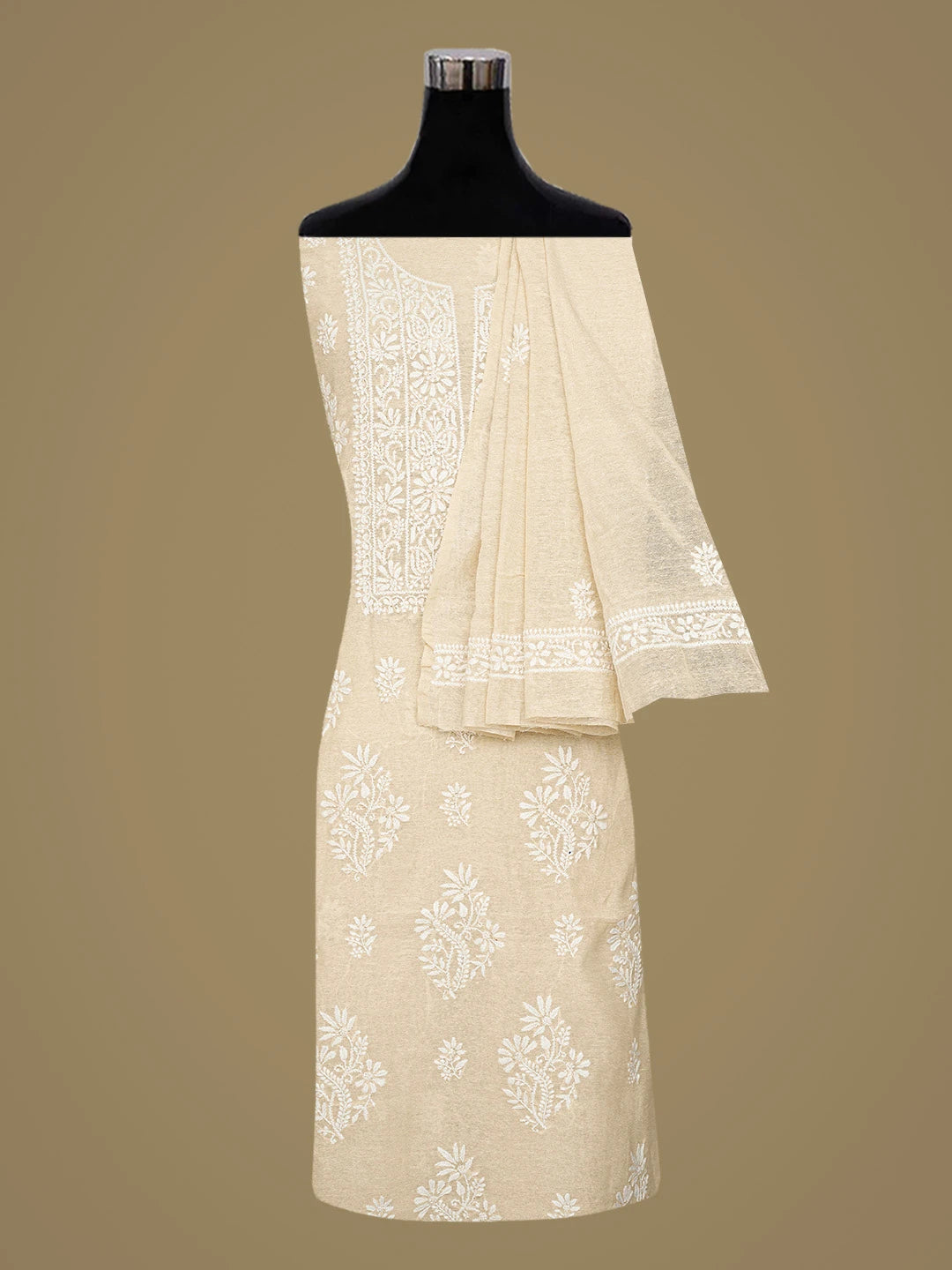 Ada Hand Embroidered Fawn Chanderi Lucknowi Chikankari Unstitched Kurta Dupatta Set 01A838966