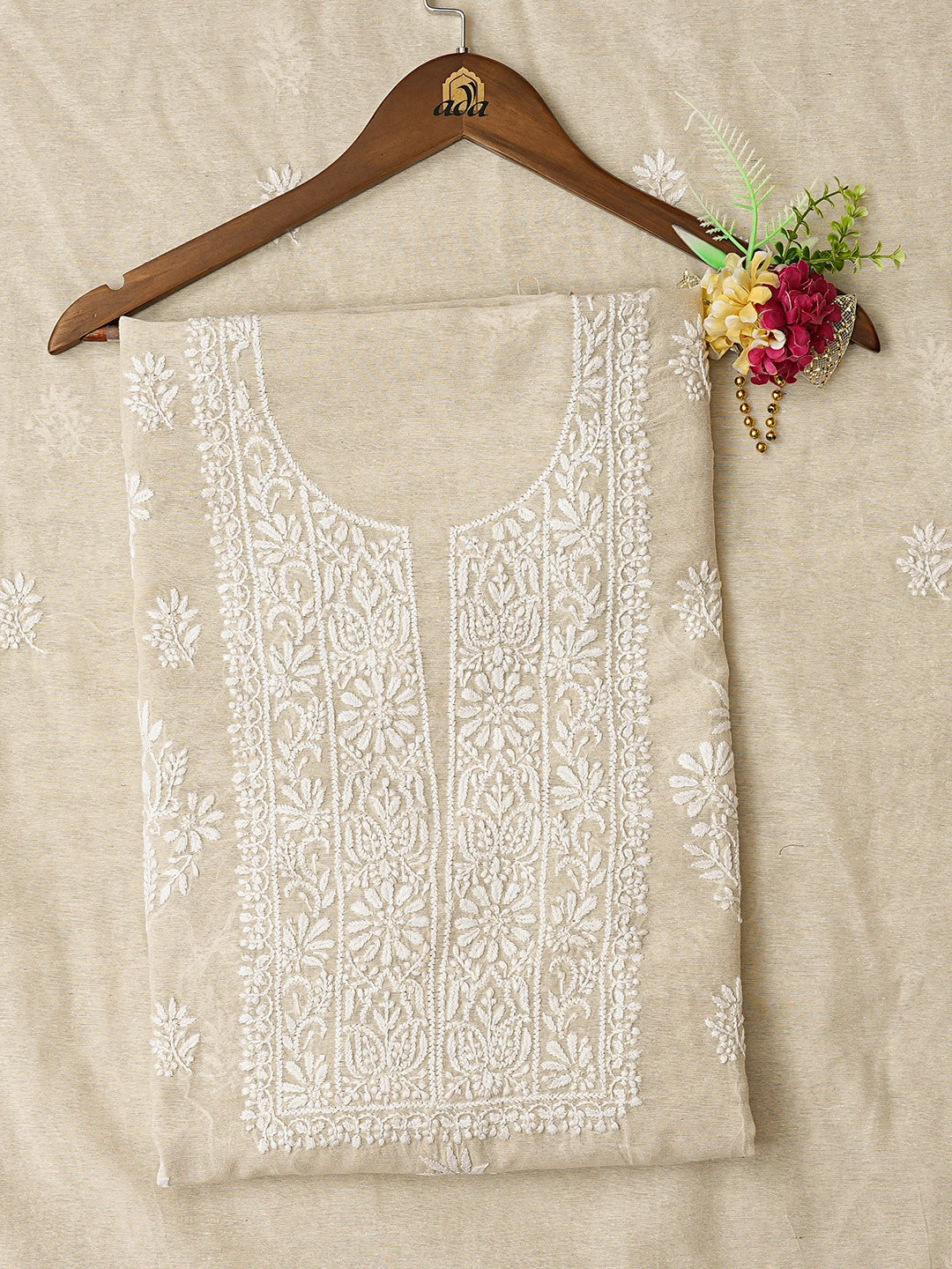 Ada Hand Embroidered Fawn Chanderi Lucknowi Chikankari Unstitched Kurta Dupatta Set 01A838966