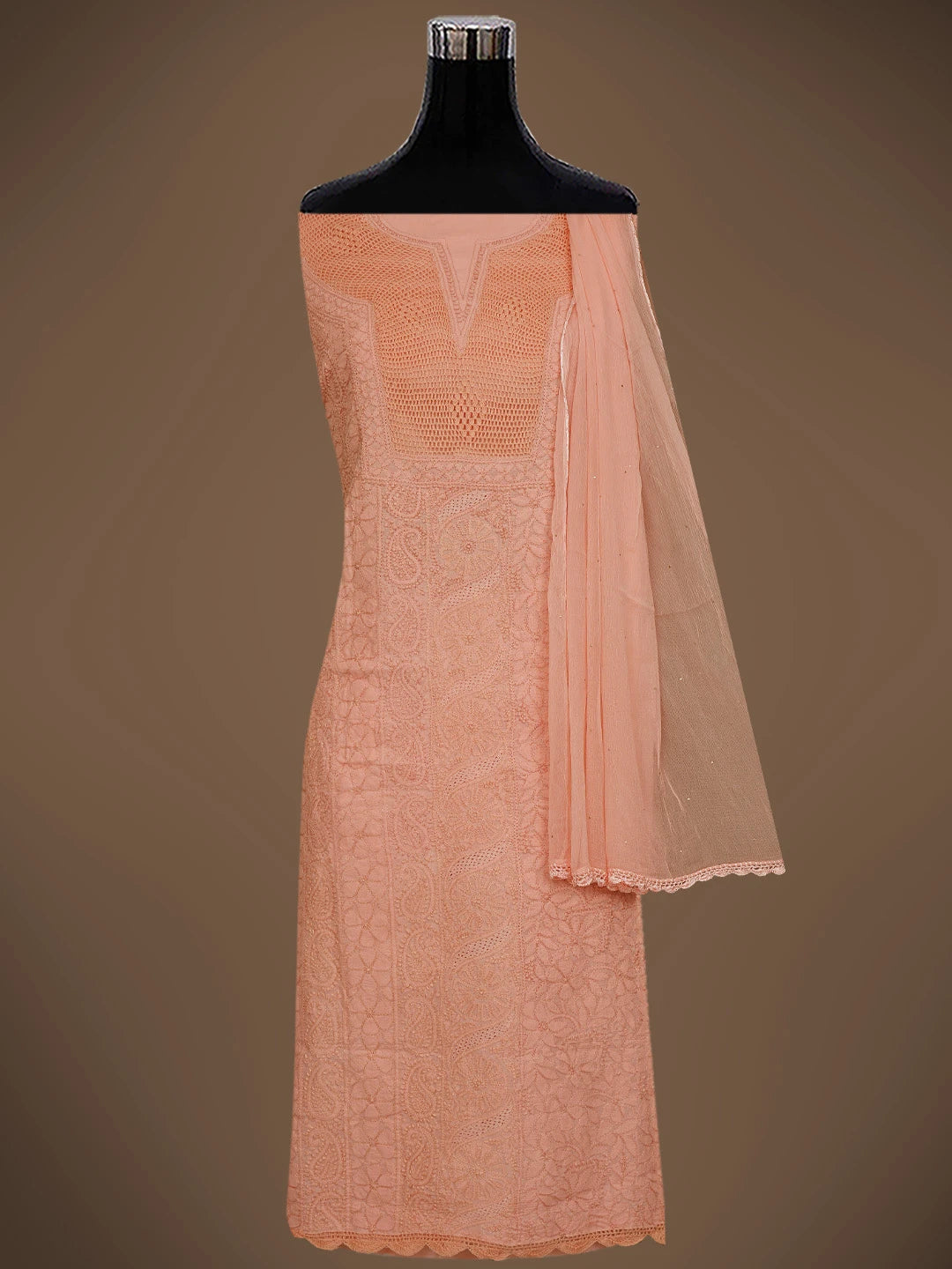 Ada Hand Embroidered Peach Orange Cotton Lucknowi Chikankari Unstitched Suit Piece With Mukaish Work 01A839582