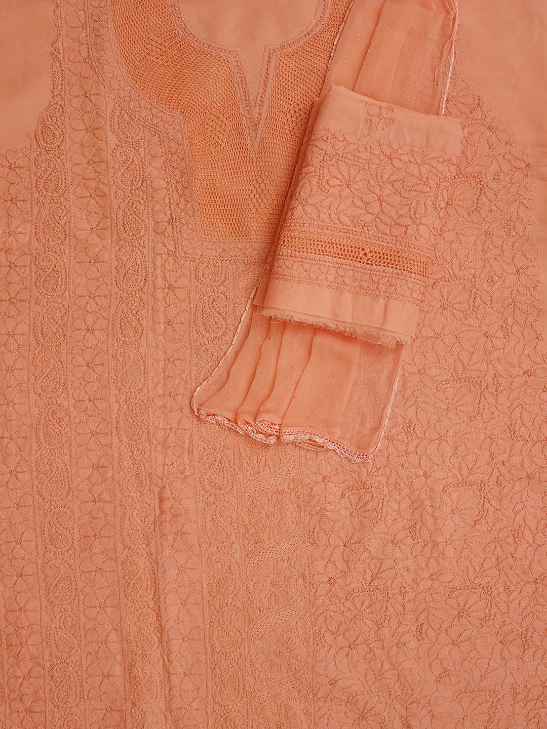 Ada Hand Embroidered Peach Orange Cotton Lucknowi Chikankari Unstitched Suit Piece With Mukaish Work 01A839582