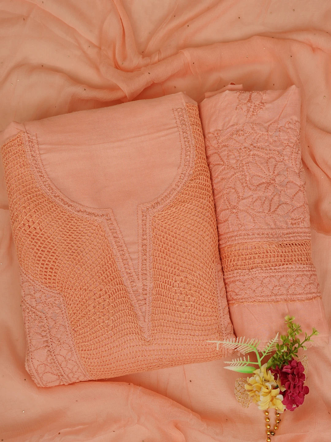 Ada Hand Embroidered Peach Orange Cotton Lucknowi Chikankari Unstitched Suit Piece With Mukaish Work 01A839582