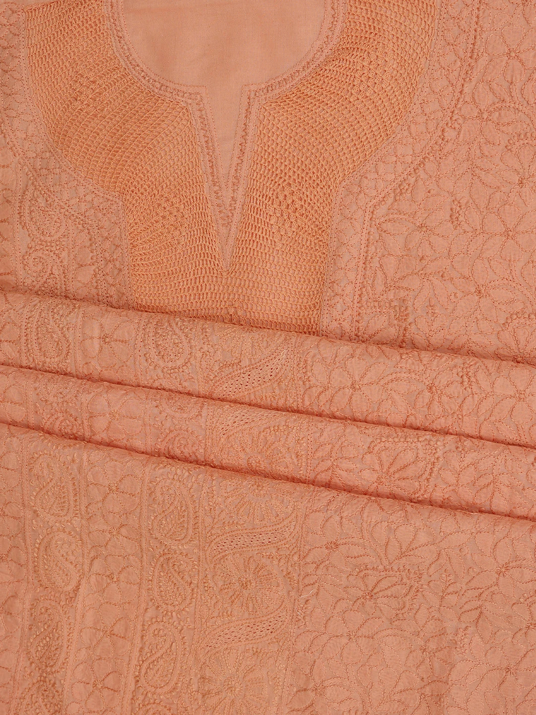 Ada Hand Embroidered Peach Orange Cotton Lucknowi Chikankari Unstitched Suit Piece With Mukaish Work 01A839582