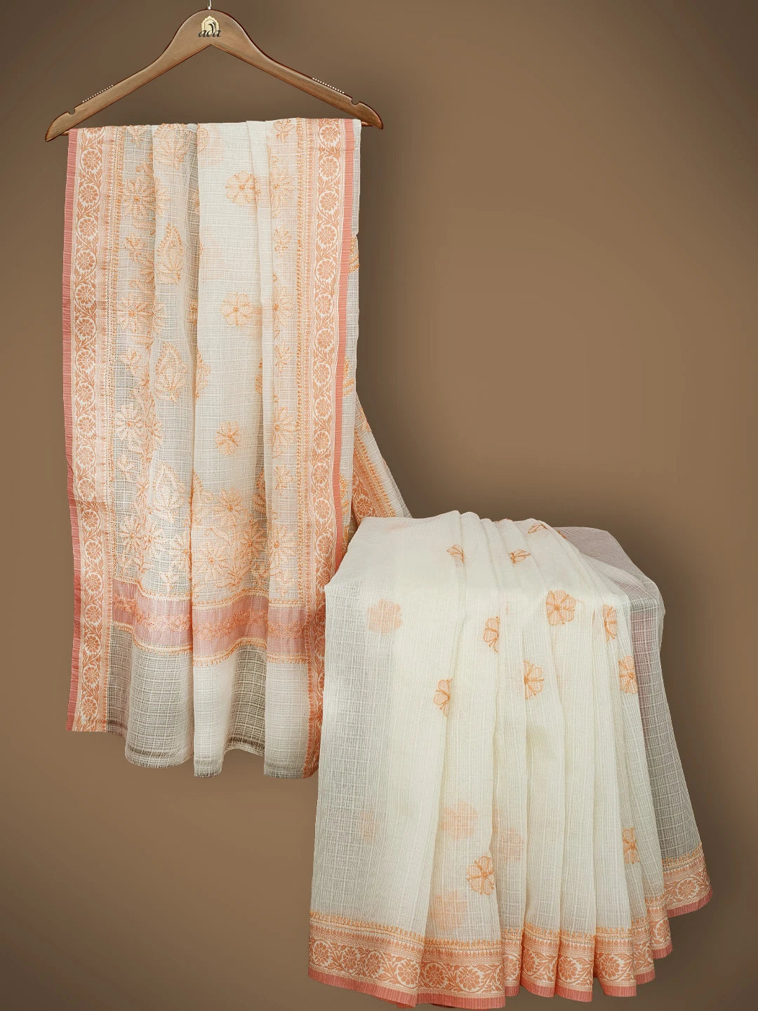 Ada Hand Embroidered Cream Chanderi Lucknowi Chikankari Saree and Blouse 01A837950