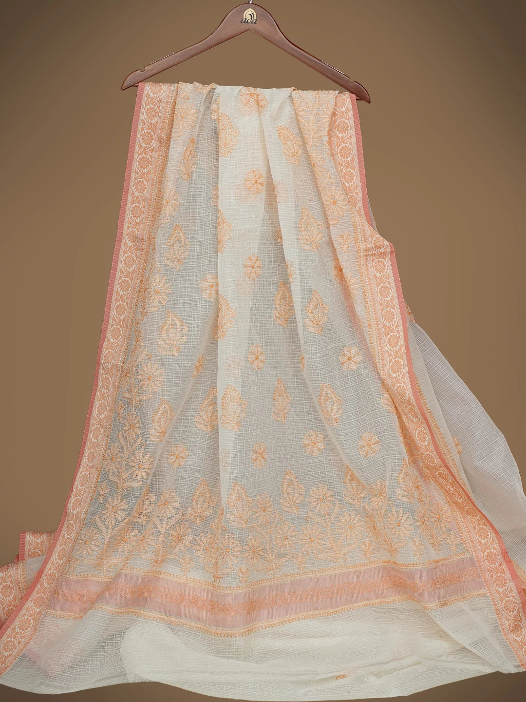 Ada Hand Embroidered Cream Chanderi Lucknowi Chikankari Saree and Blouse 01A837950