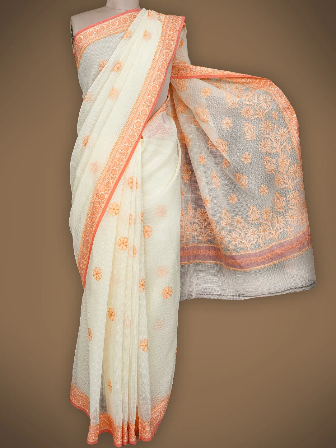Ada Hand Embroidered Cream Chanderi Lucknowi Chikankari Saree and Blouse 01A837950