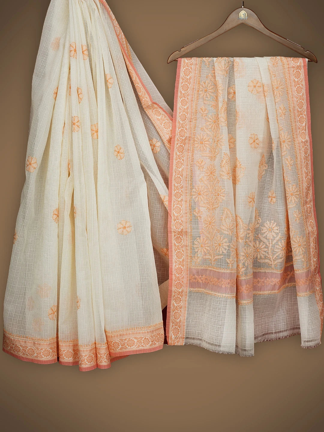 Ada Hand Embroidered Cream Chanderi Lucknowi Chikankari Saree and Blouse 01A837950