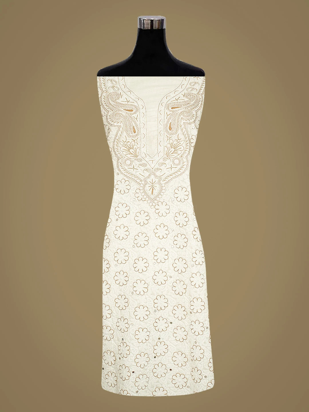 Ada Hand Embroidered White Cotton Lucknowi Chikankari Unstitched Kurta Piece With Mirror Work 01A211506