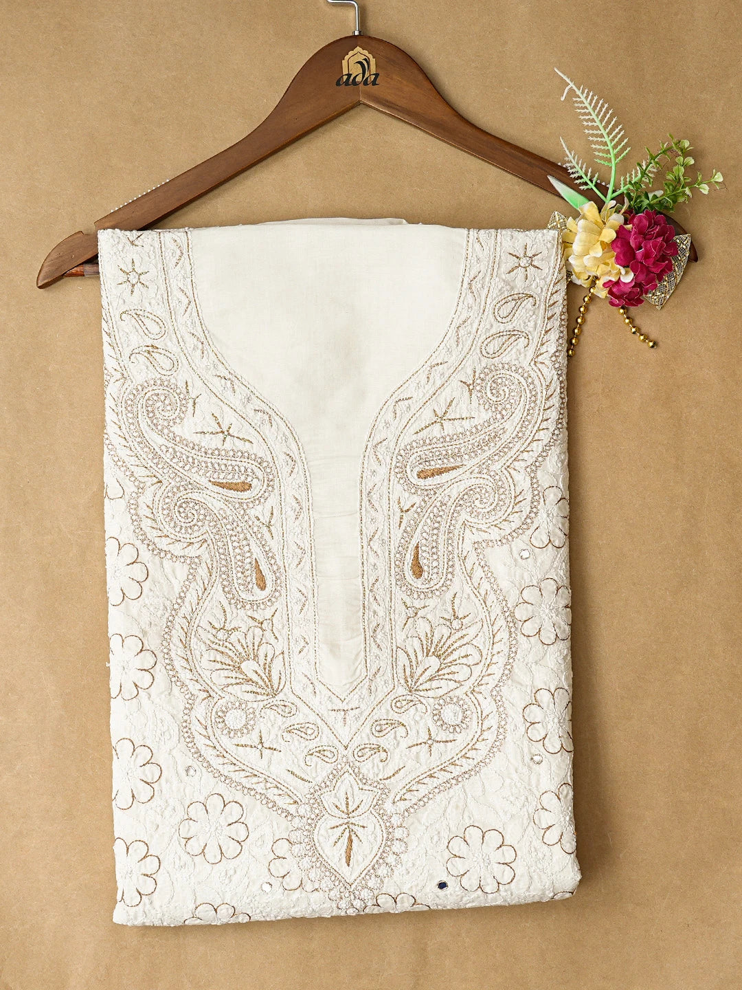 Ada Hand Embroidered White Cotton Lucknowi Chikankari Unstitched Kurta Piece With Mirror Work 01A211506