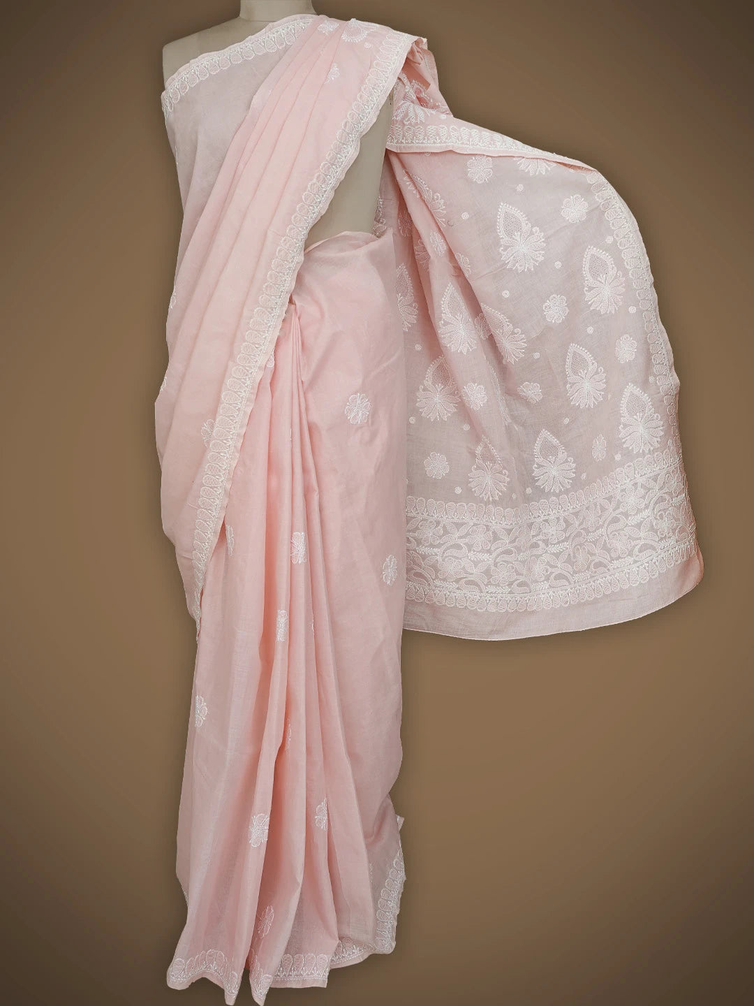 Ada Hand Embroidered Peach Cotton Lucknowi Chikankari Saree and Blouse 01A838184