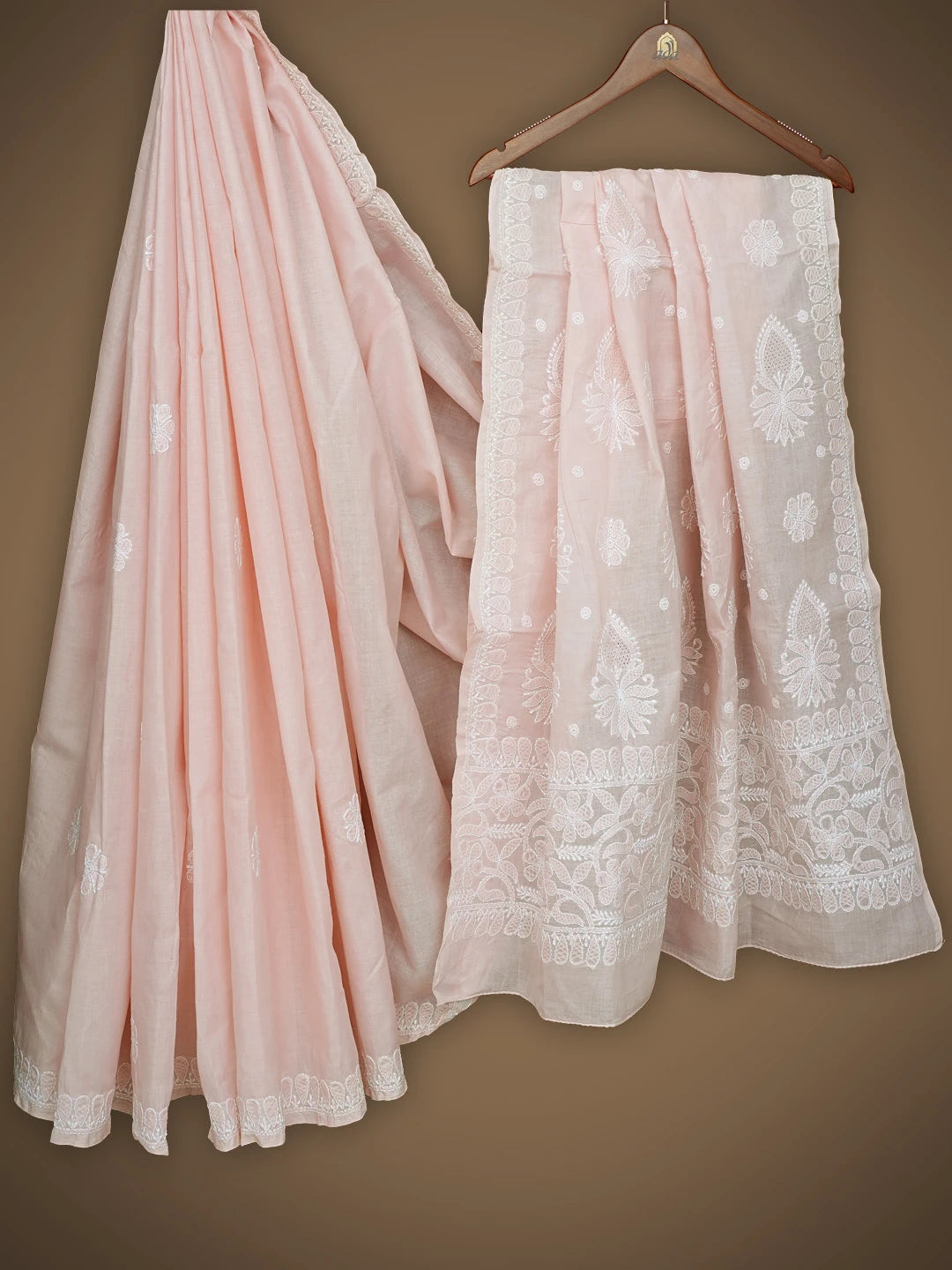 Ada Hand Embroidered Peach Cotton Lucknowi Chikankari Saree and Blouse 01A838184