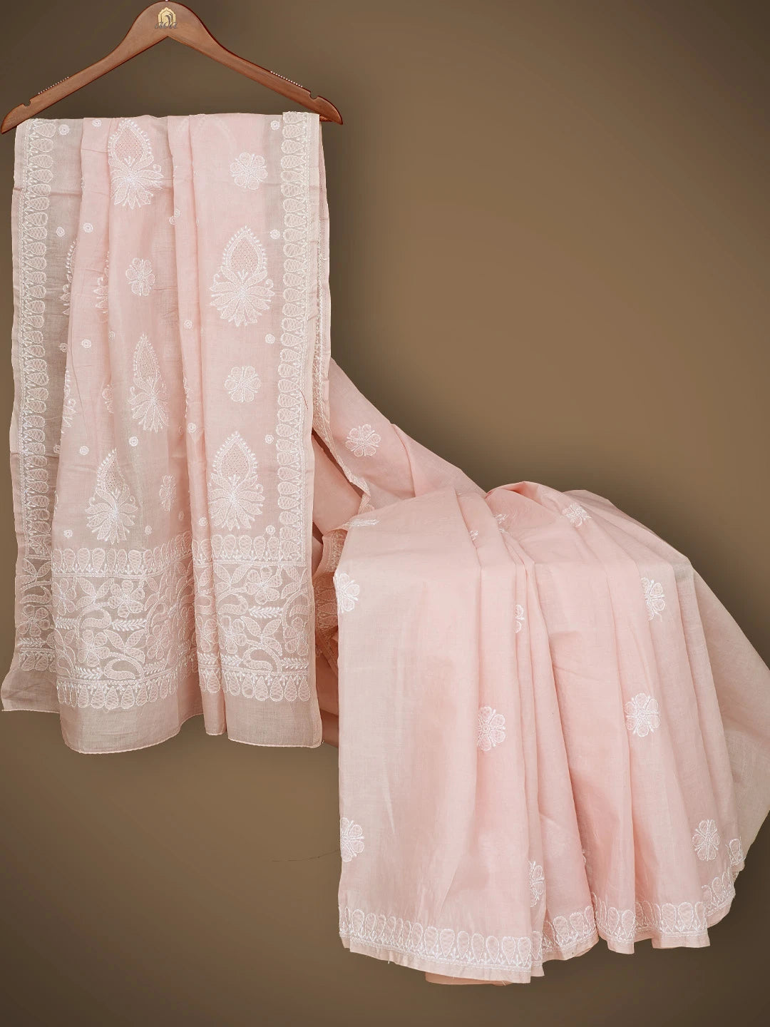 Ada Hand Embroidered Peach Cotton Lucknowi Chikankari Saree and Blouse 01A838184