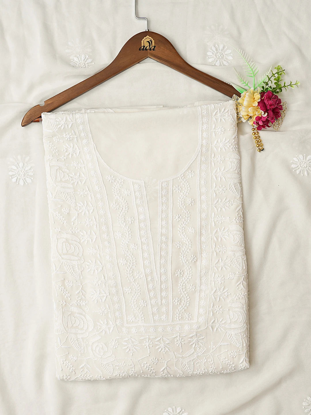Ada Hand Embroidered Ivory White Pure Georgette Lucknowi Chikankari Unstitched Kurta Dupatta Set 01A766558