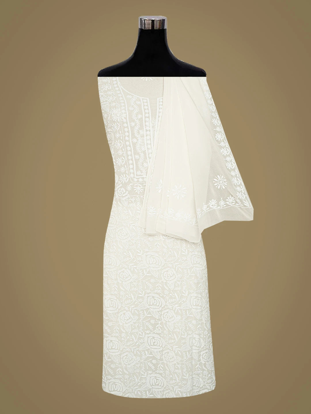 Ada Hand Embroidered Ivory White Pure Georgette Lucknowi Chikankari Unstitched Kurta Dupatta Set 01A766558