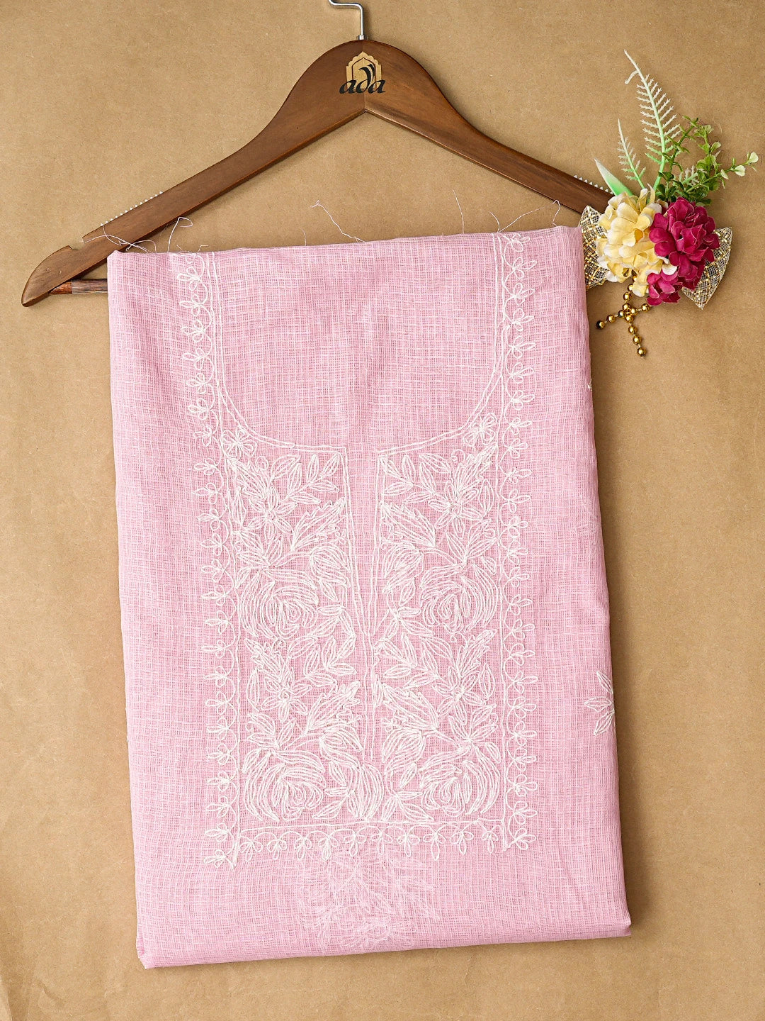 Ada Hand Embroidered Pink Kota Lucknowi Chikankari Unstitched Kurta Piece 01A836441