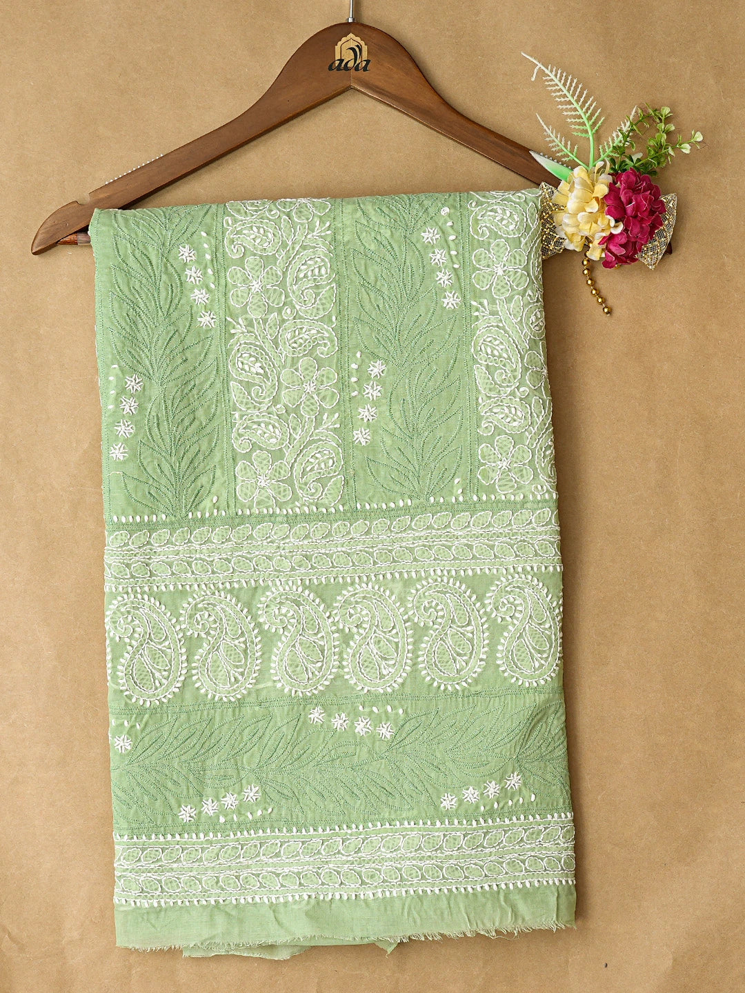 Ada Hand Embroidered Green Cotton Lucknowi Chikankari Unstitched Kurta Piece 01A835509