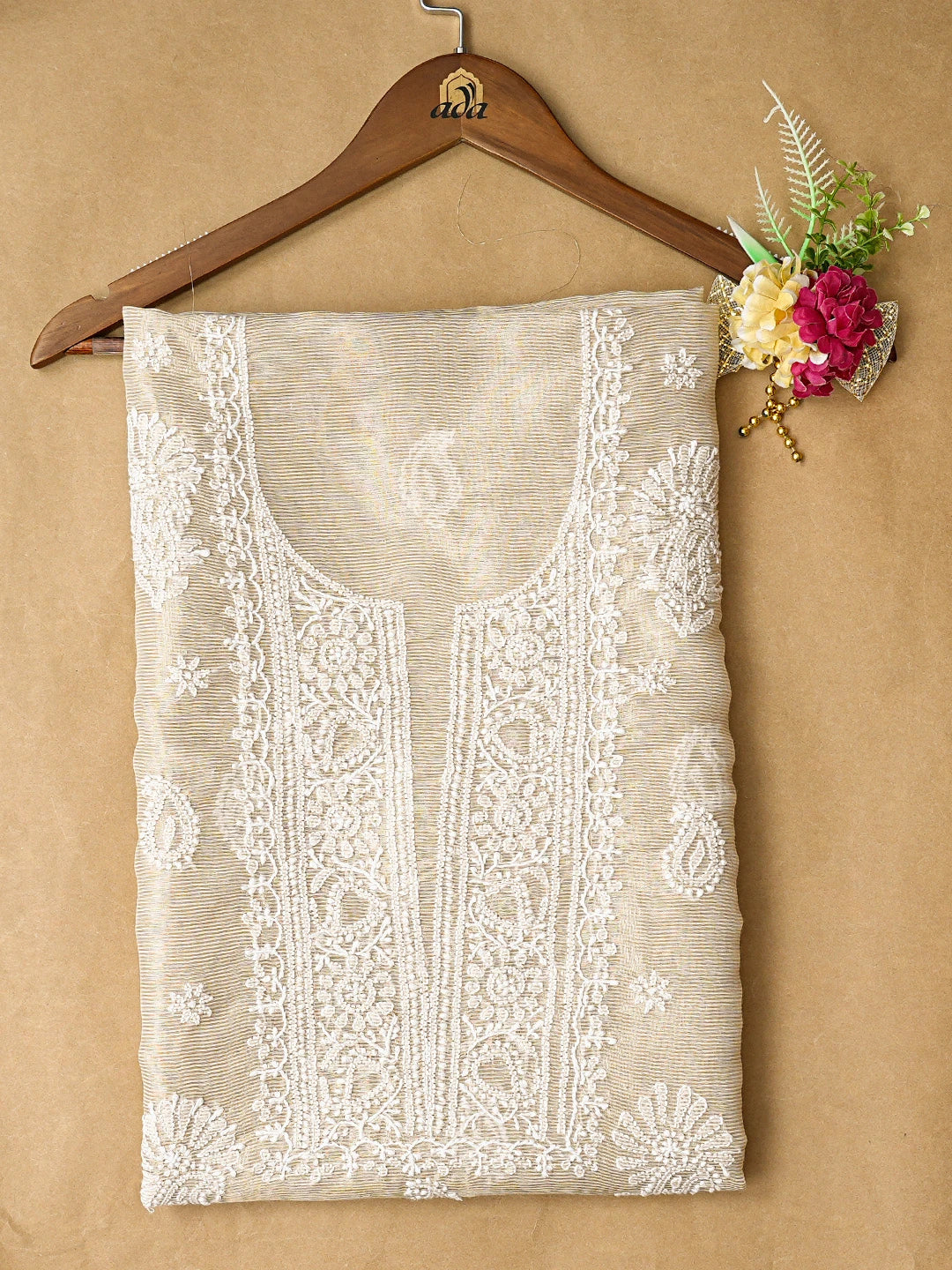 Ada Hand Embroidered Fawn Tissue Lucknowi Chikankari Unstitched Kurta Piece 01A783178