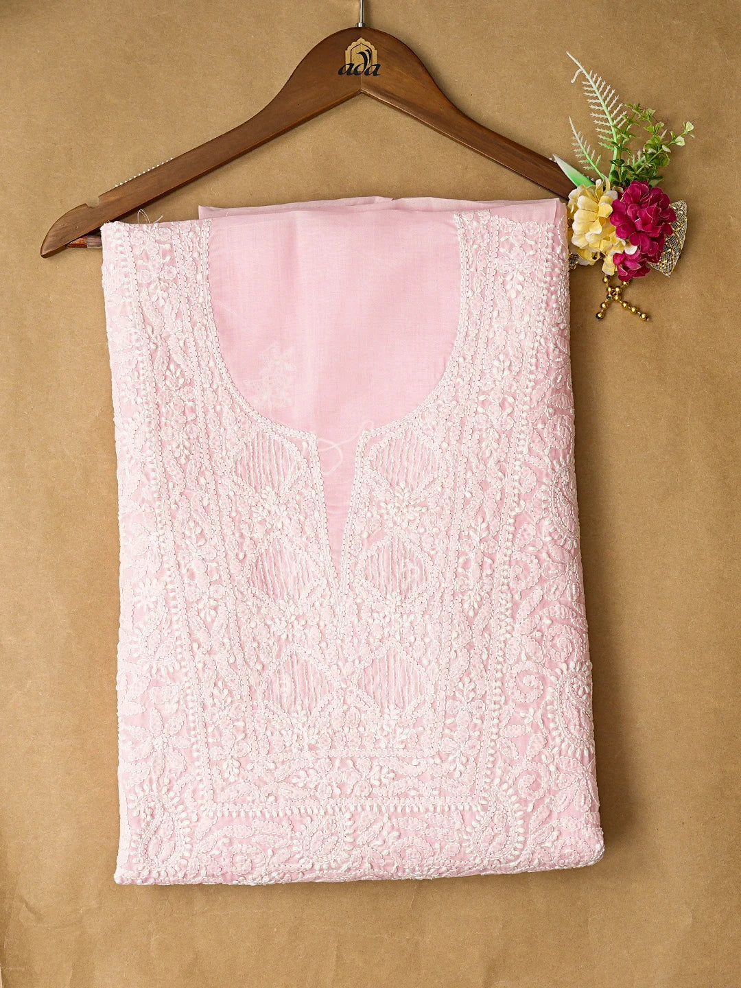 Ada Hand Embroidered Pink Cotton Lucknowi Chikankari Unstitched Kurta Piece With Cutdana Work 01A825243