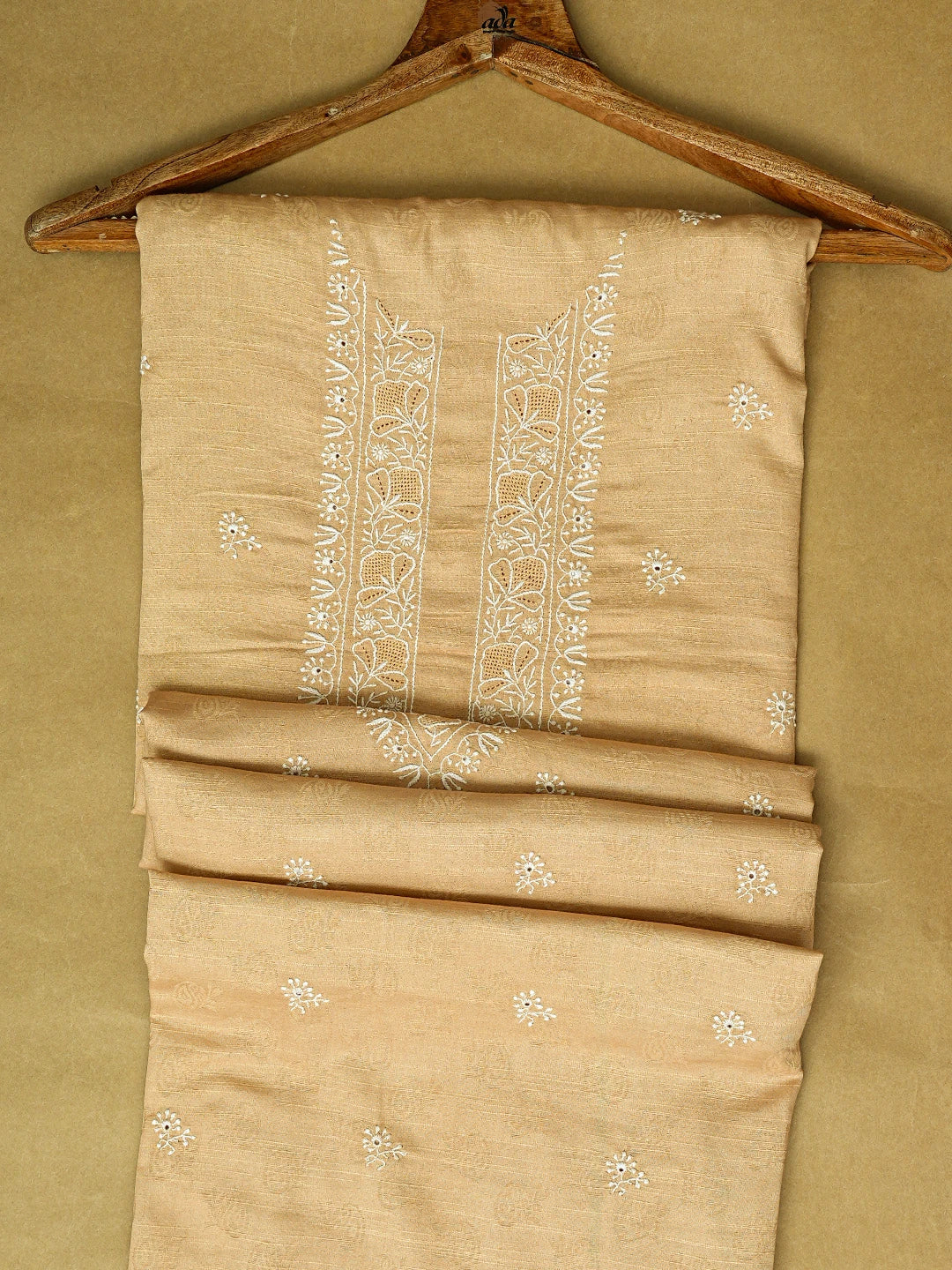 Ada Hand Embroidered Fawn Linen Lucknowi Chikankari Unstitched Men's Kurta Piece 01A774985