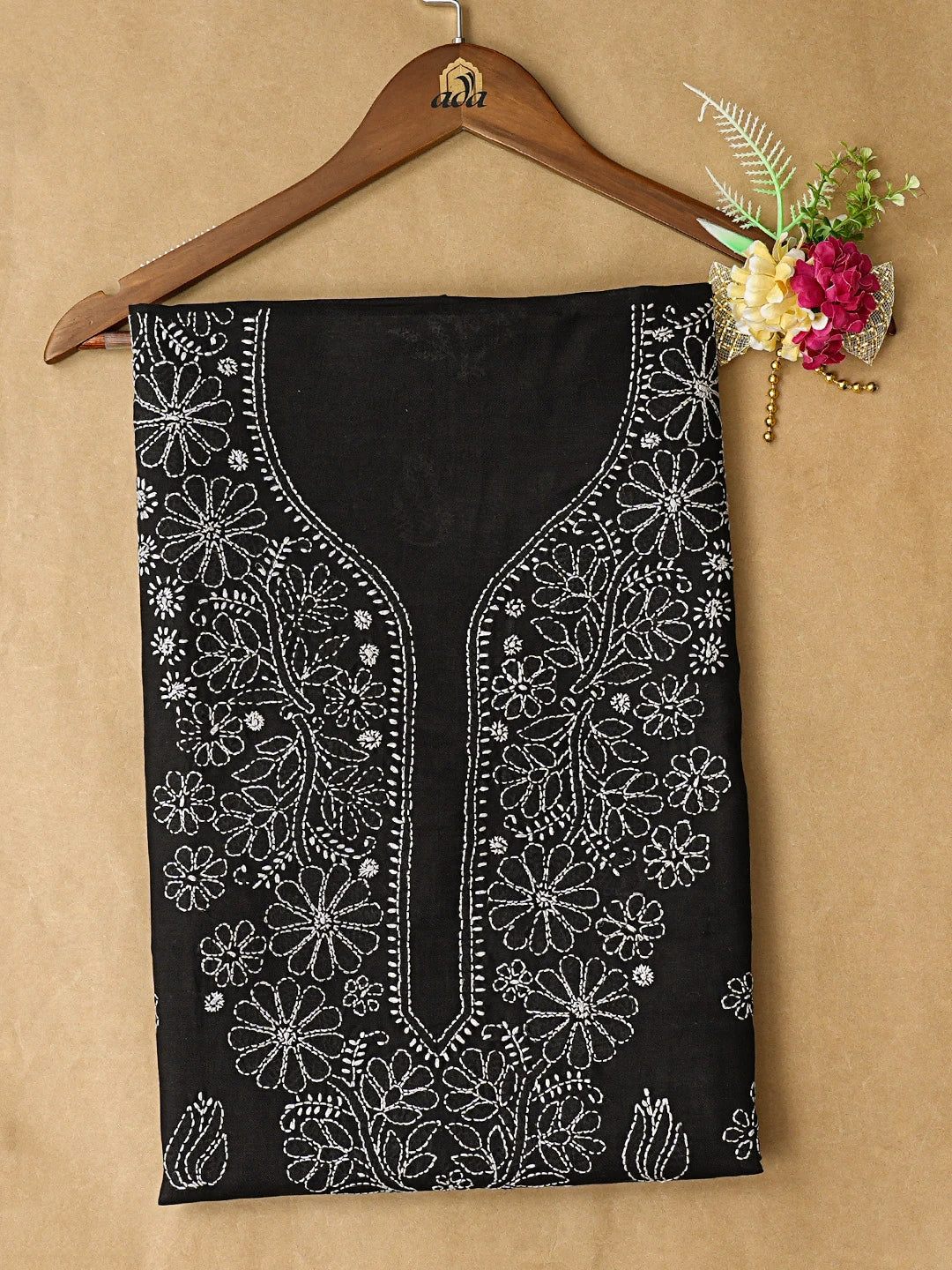 Ada Hand Embroidered Black Cotton Lucknowi Chikankari Unstitched Kurta Piece 01A759454