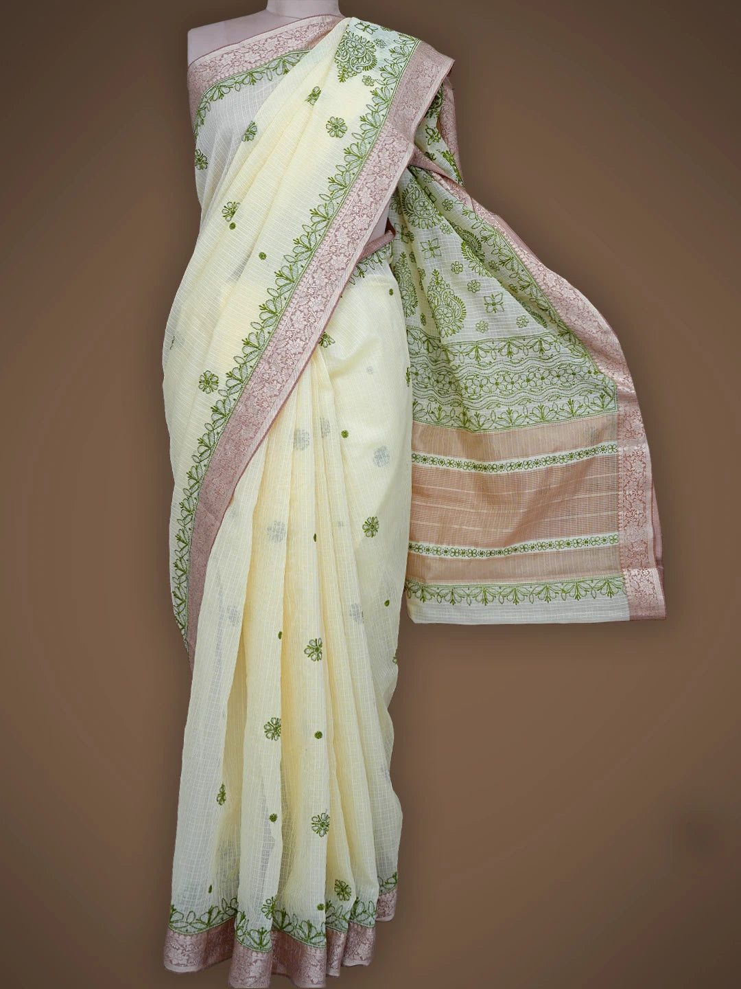 Ada Hand Embroidered Cream Chanderi Lucknowi Chikankari Saree With Blouse 01A838220