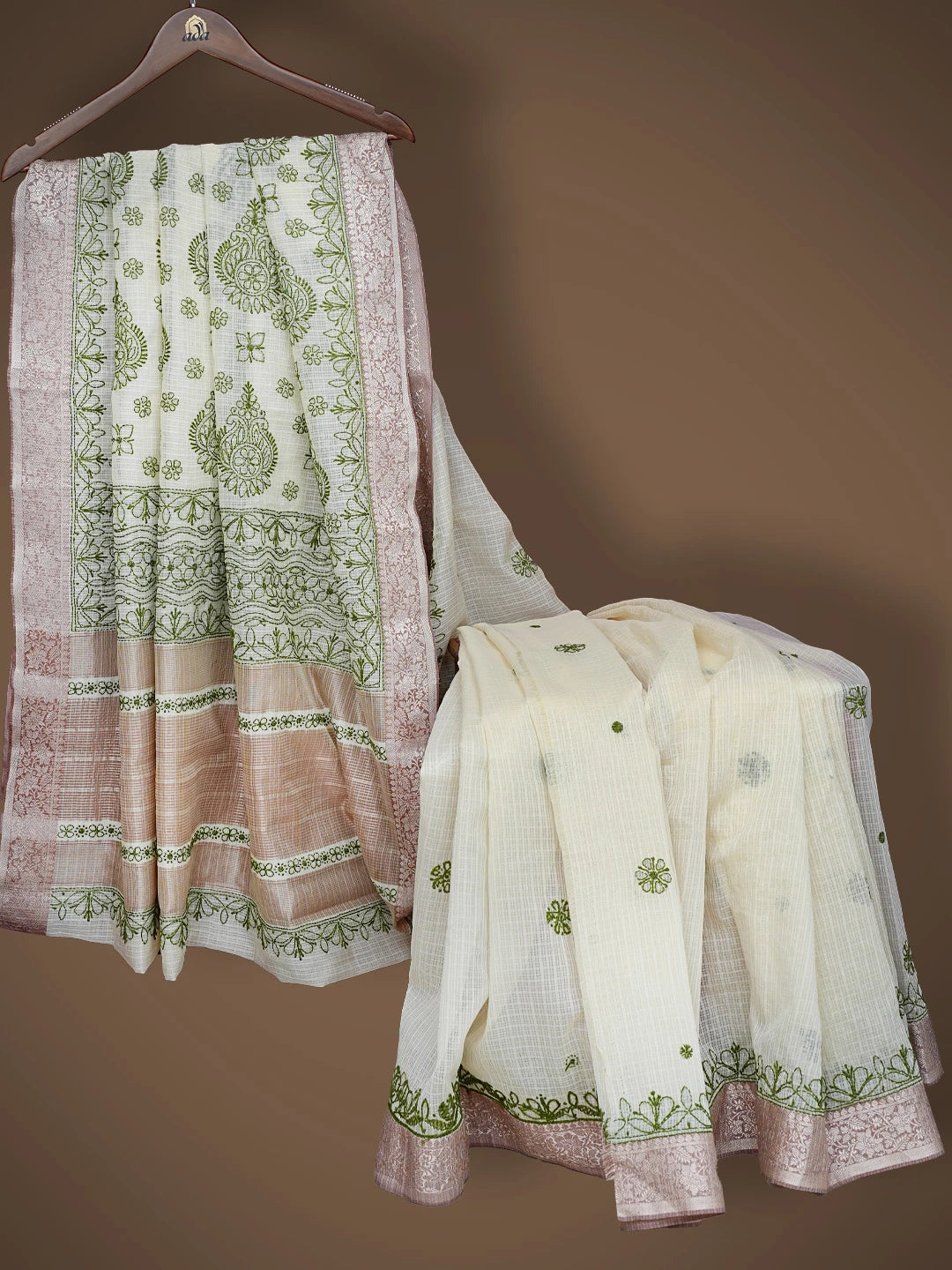Ada Hand Embroidered Cream Chanderi Lucknowi Chikankari Saree With Blouse 01A838220