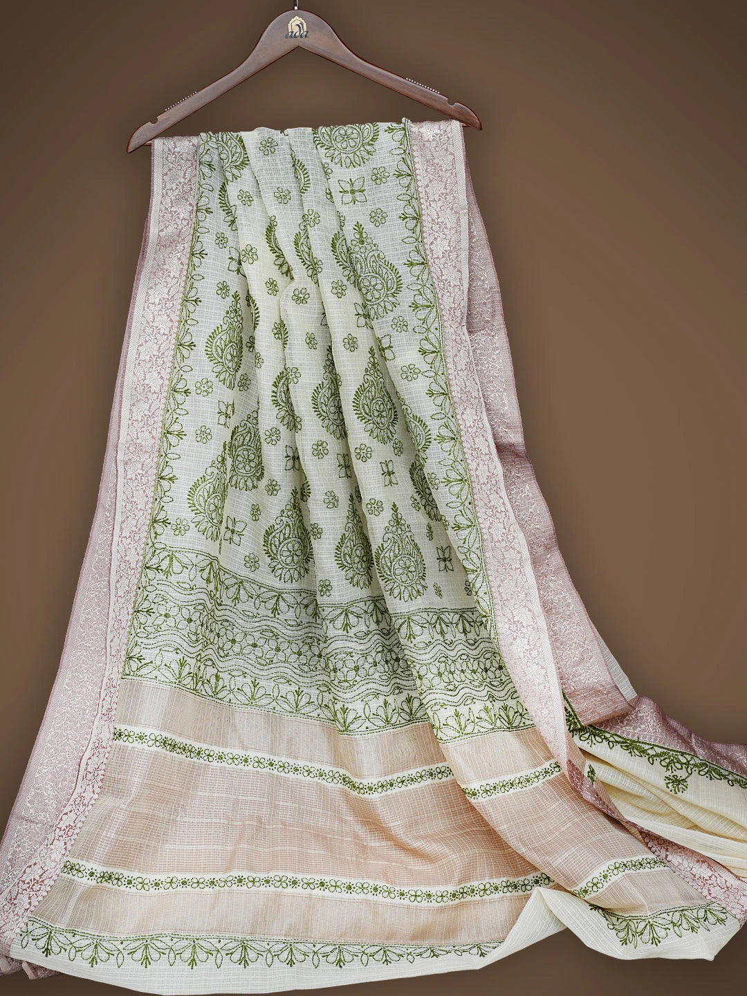 Ada Hand Embroidered Cream Chanderi Lucknowi Chikankari Saree With Blouse 01A838220