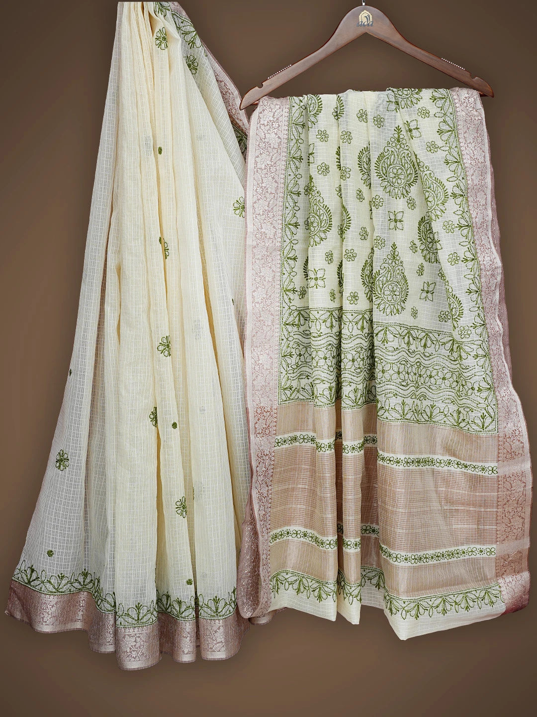 Ada Hand Embroidered Cream Chanderi Lucknowi Chikankari Saree With Blouse 01A838220