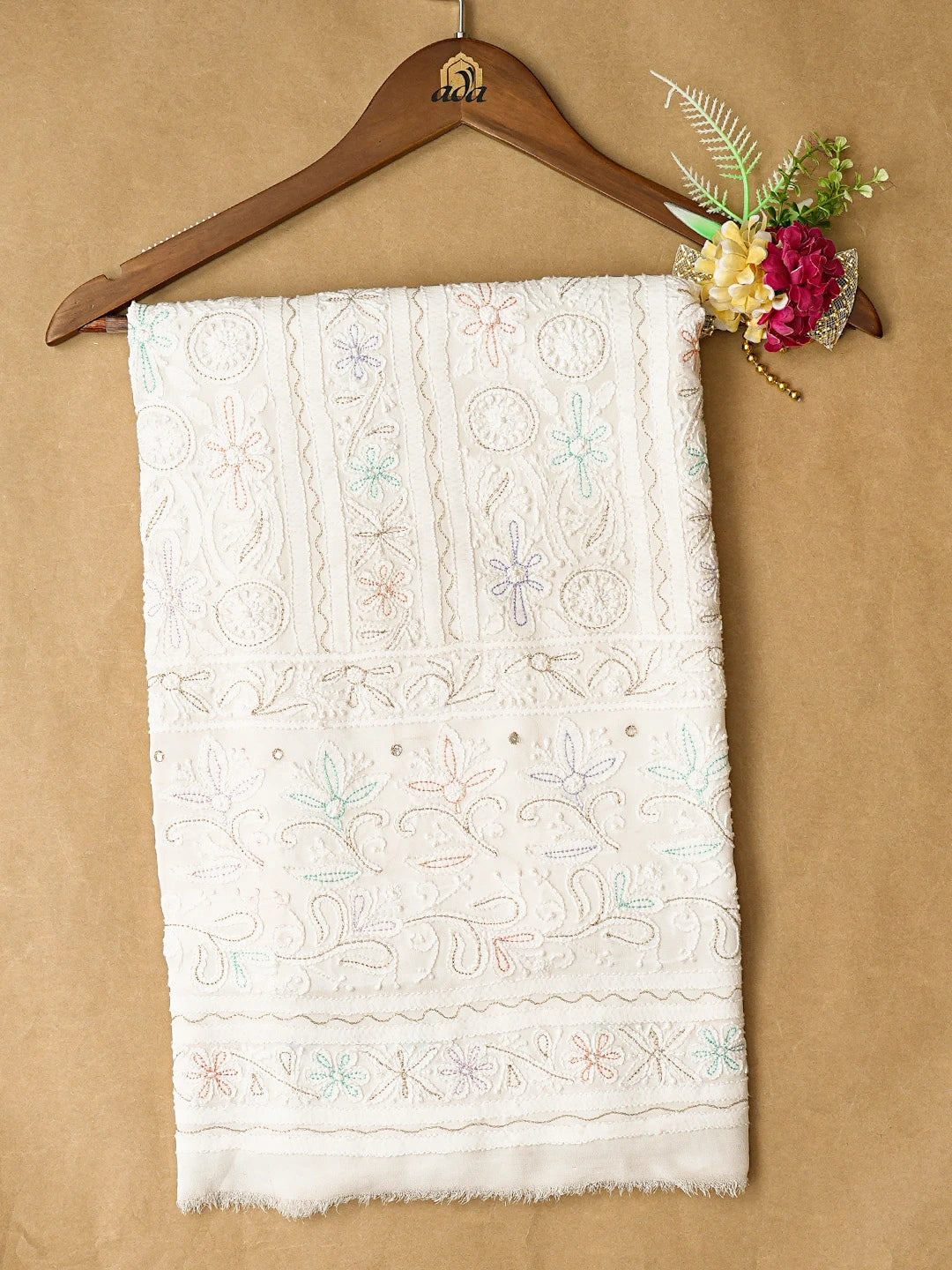 Ada Hand Embroidered White Viscose Georgette Lucknowi Chikankari Unstitched Kurta Piece With Zari Work A511722