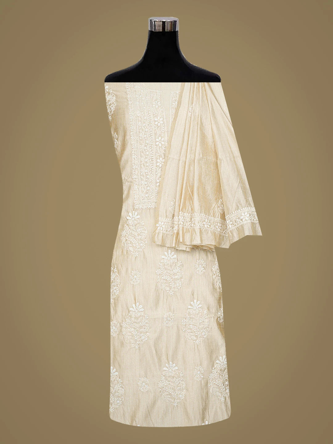 Ada Hand Embroidered Fawn Silk Lucknowi Chikankari Unstitched Kurta Dupatta Set 01A838978