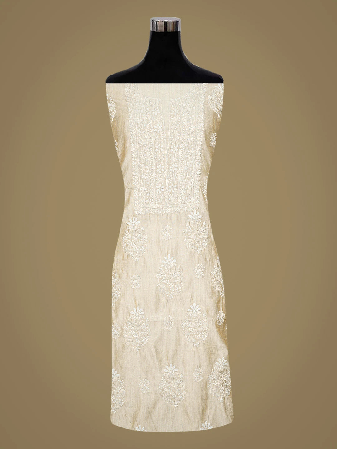 Ada Hand Embroidered Fawn Silk Lucknowi Chikankari Unstitched Kurta Dupatta Set 01A838978