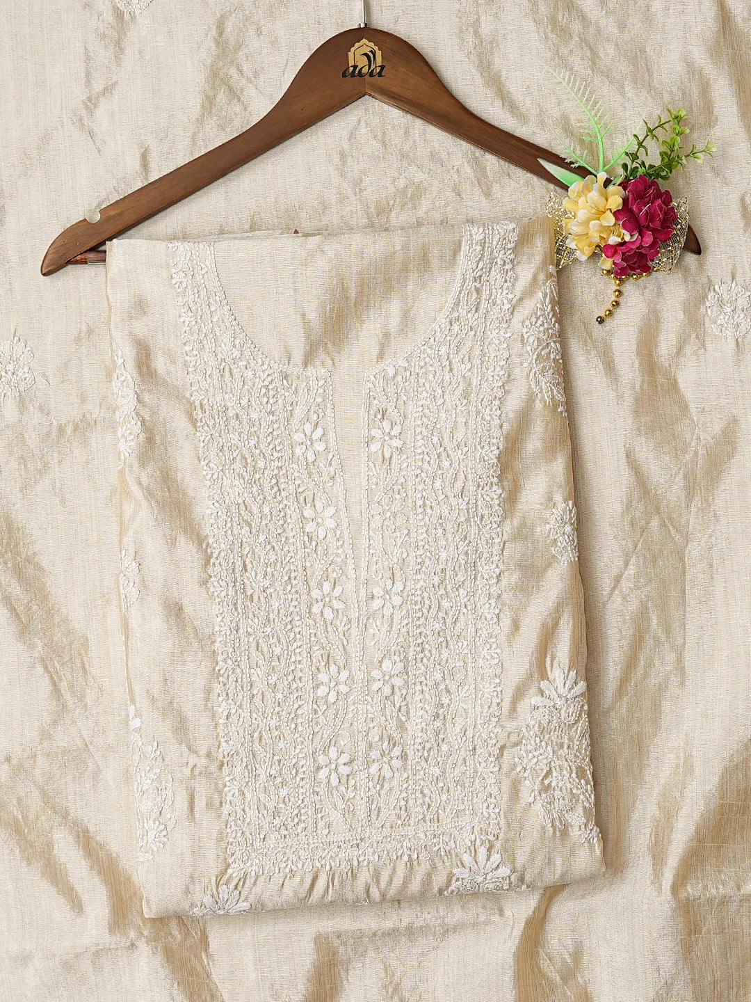 Ada Hand Embroidered Fawn Silk Lucknowi Chikankari Unstitched Kurta Dupatta Set 01A838978