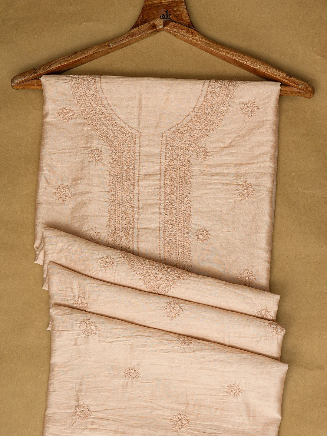 Ada Hand Embroidered Dusty Peach Chanderi Lucknowi Chikankari Unstitched Men's Kurta Piece 01A781994