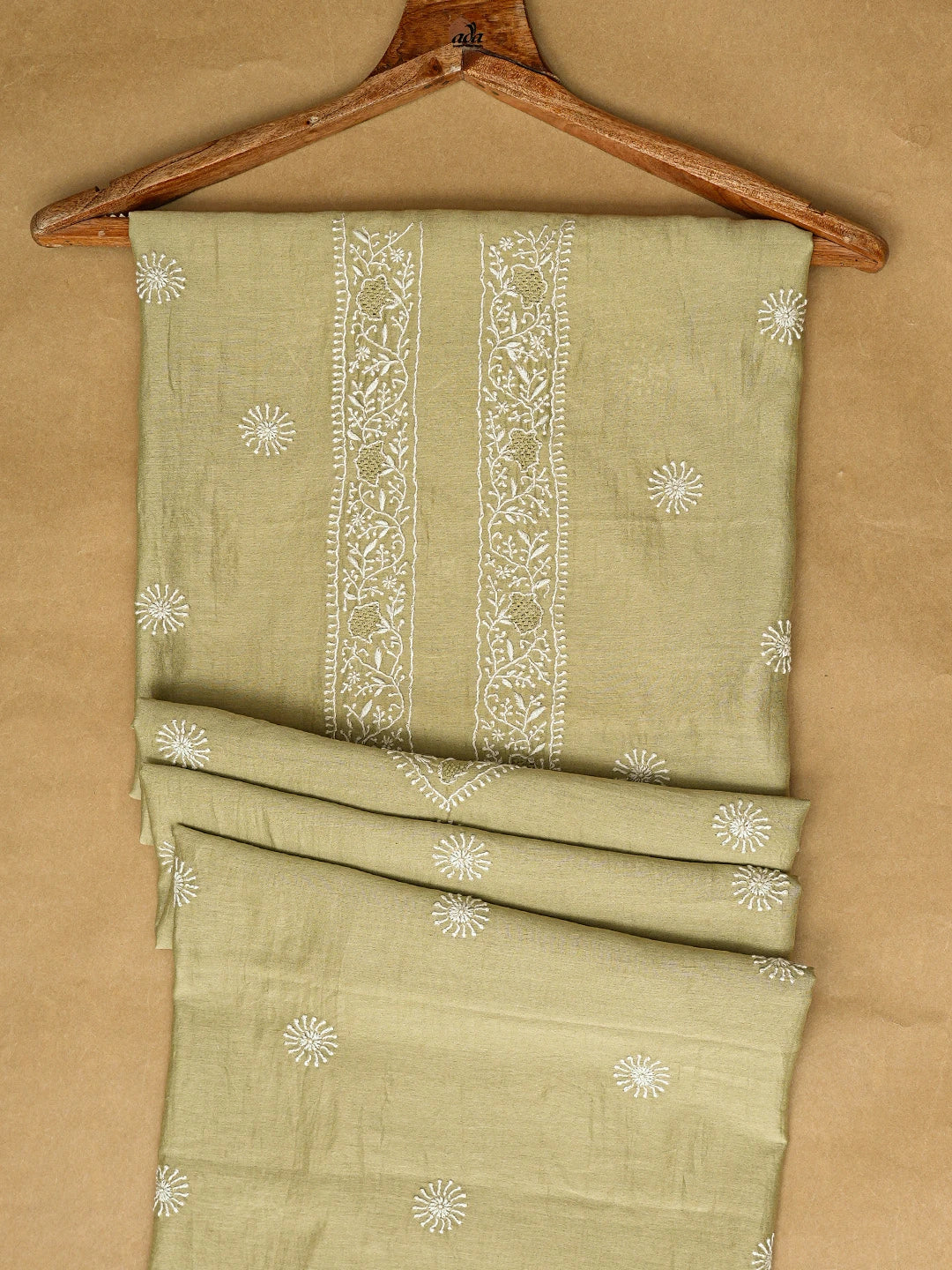 Ada Hand Embroidered Pista Green Chanderi Lucknowi Chikankari Unstitched Men's Kurta Piece 01A703314