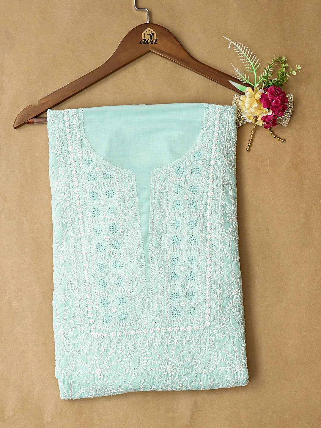 Ada Hand Embroidered Sea Green Cotton Lucknowi Chikankari Unstitched Kurta Piece 01A772941