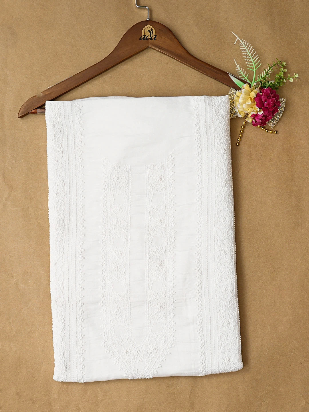 Ada Hand Embroidered White Cotton Lucknowi Chikankari Unstitched Kurta Piece 01A779127