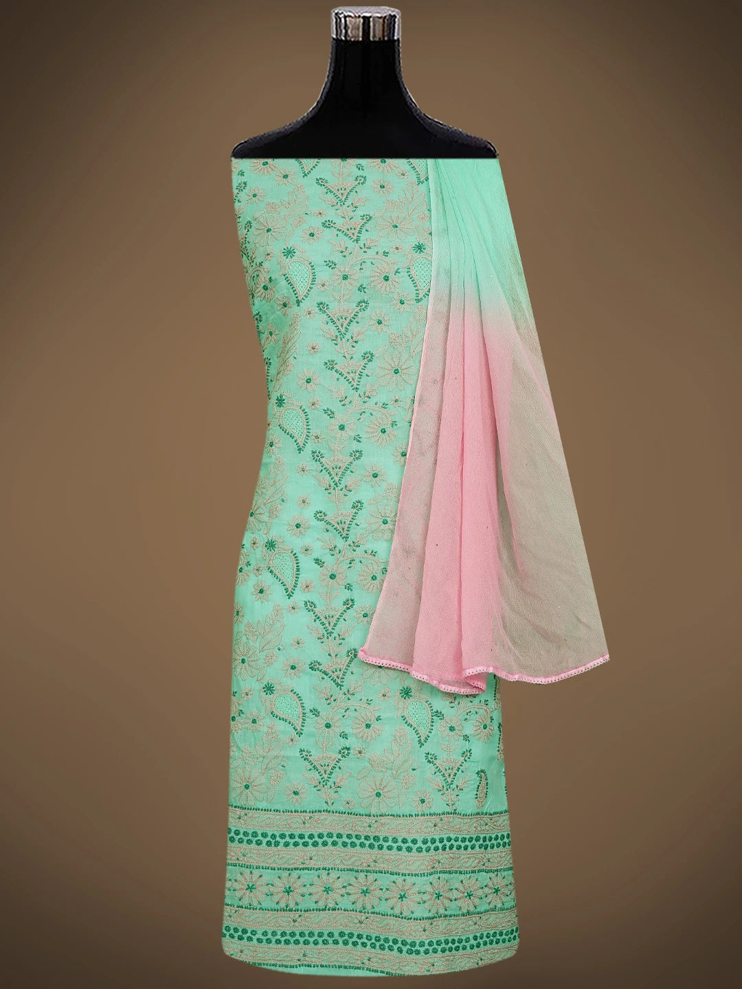 Ada Hand Embroidered Sea Green Cotton Lucknowi Chikankari Unstitched Suit Piece 01A839705