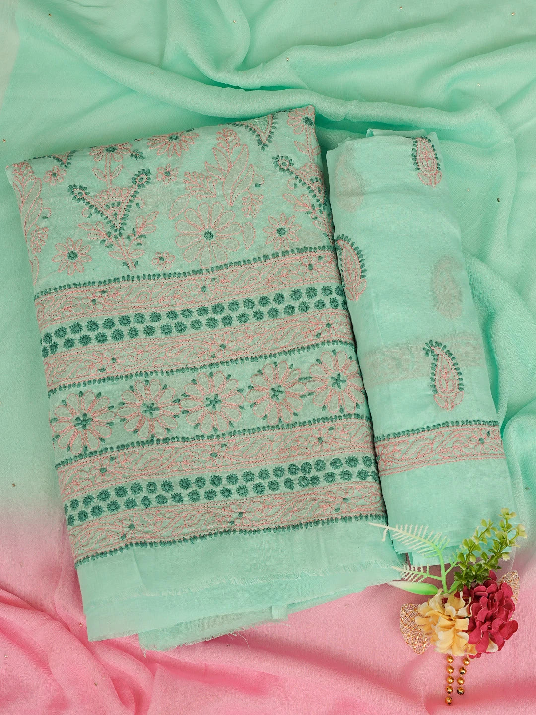 Ada Hand Embroidered Sea Green Cotton Lucknowi Chikankari Unstitched Suit Piece 01A839705