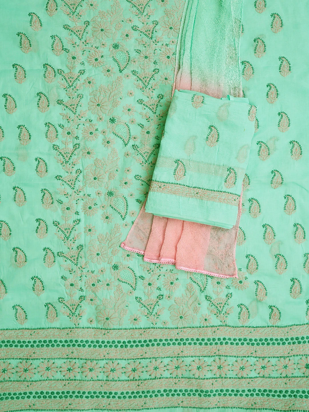 Ada Hand Embroidered Sea Green Cotton Lucknowi Chikankari Unstitched Suit Piece 01A839705