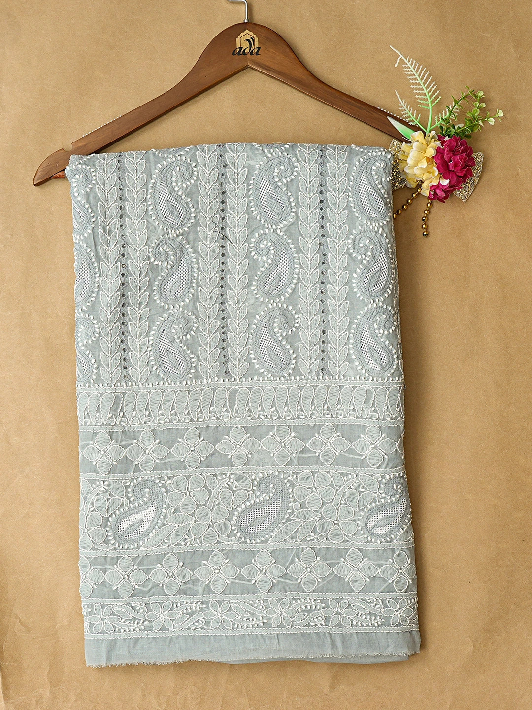 Ada Hand Embroidered Grey Cotton Lucknowi Chikankari Unstitched Kurta Piece 01A835401