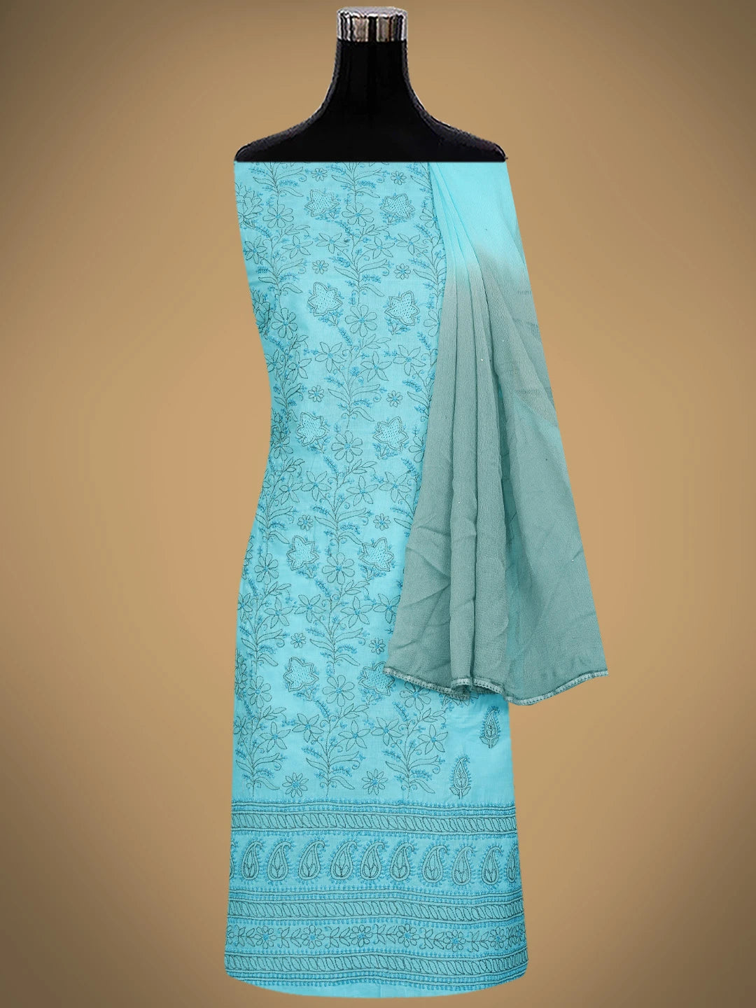 Ada Hand Embroidered Blue Cotton Lucknowi Chikankari Unstitched Suit Piece 01A839707