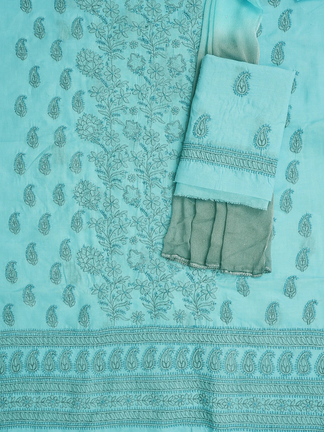 Ada Hand Embroidered Blue Cotton Lucknowi Chikankari Unstitched Suit Piece 01A839707