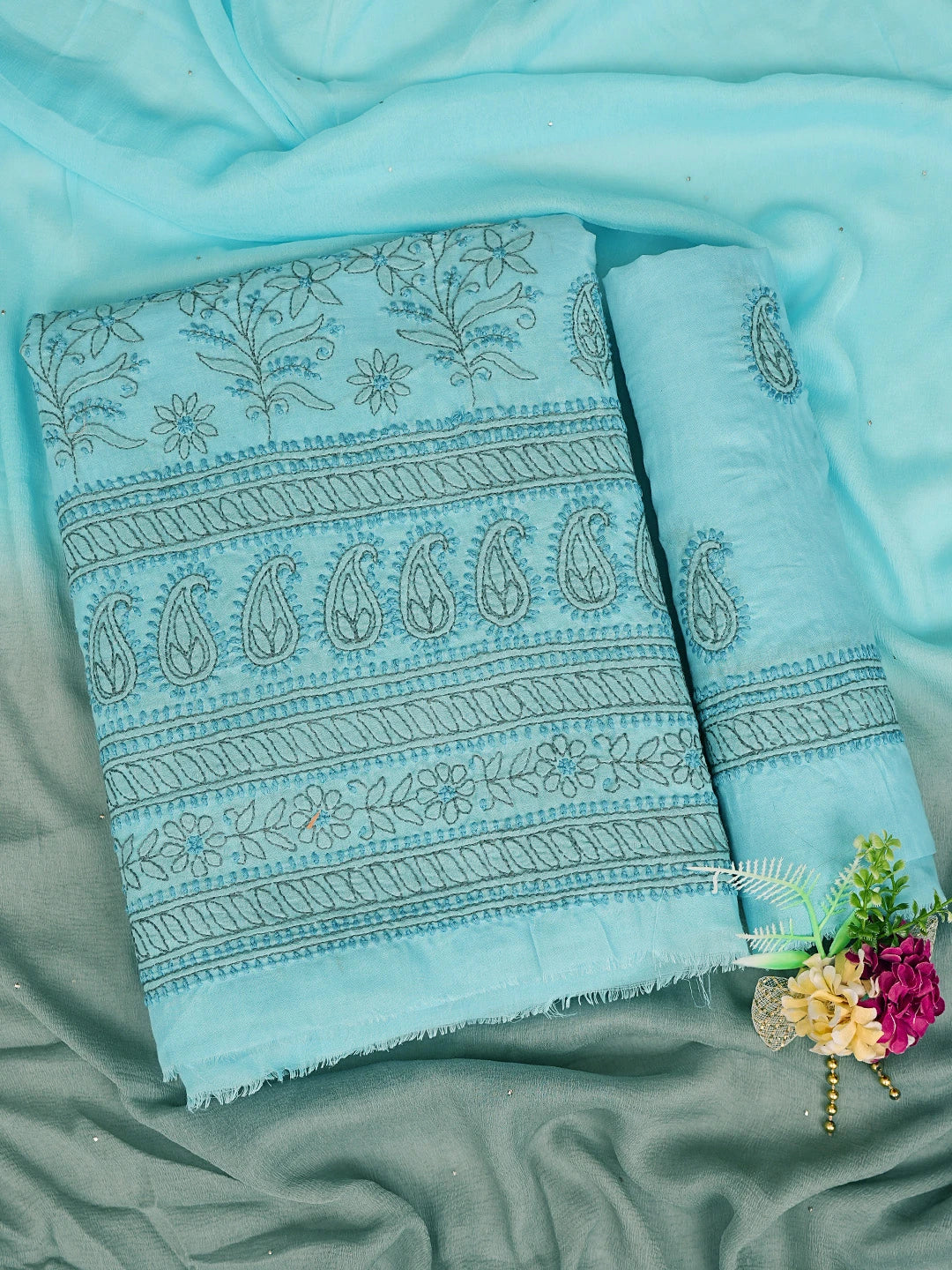 Ada Hand Embroidered Blue Cotton Lucknowi Chikankari Unstitched Suit Piece 01A839707