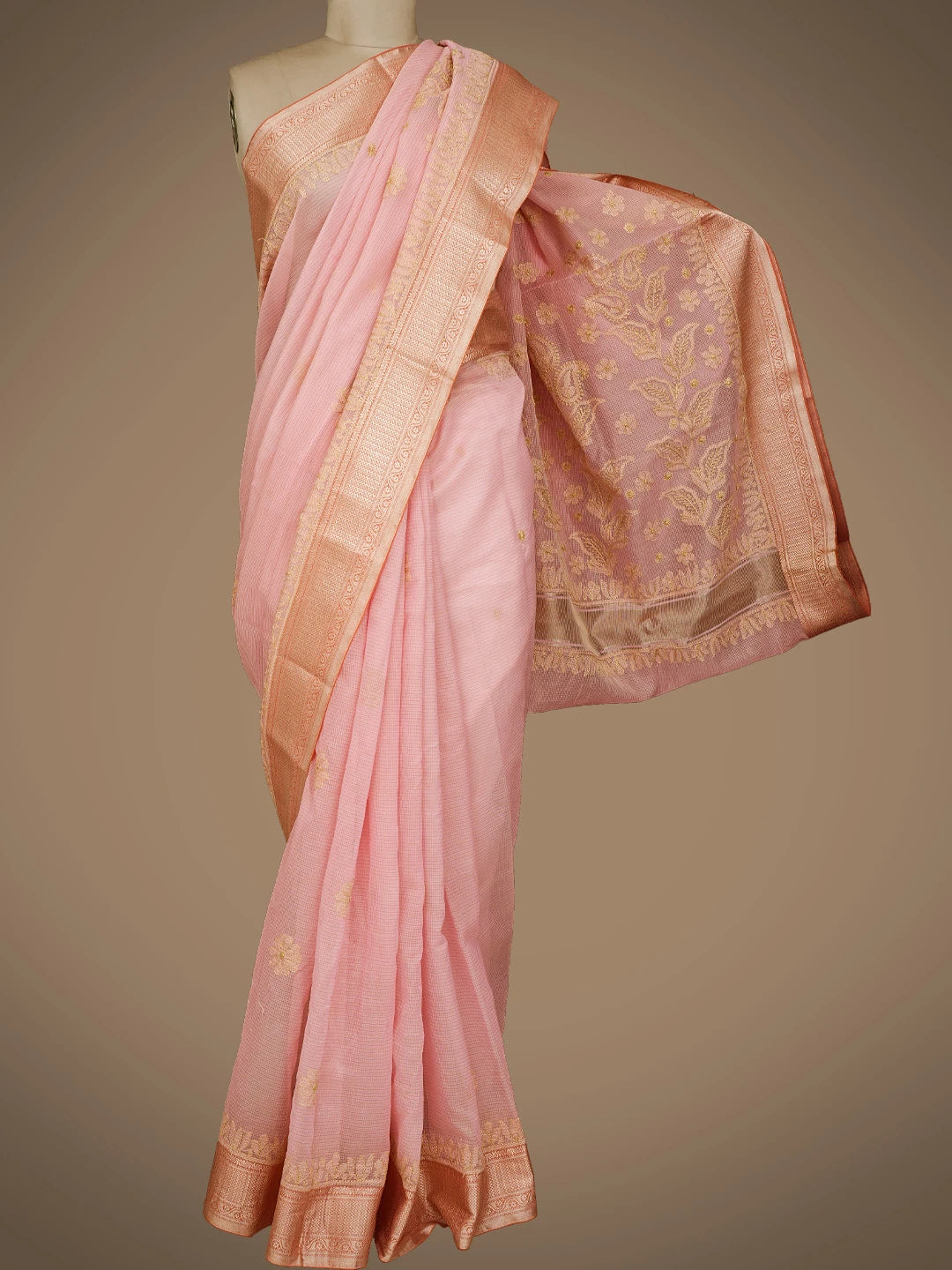 Ada Hand Embroidered Pink Chanderi Lucknowi Chikankari Saree and Blouse 01A838219