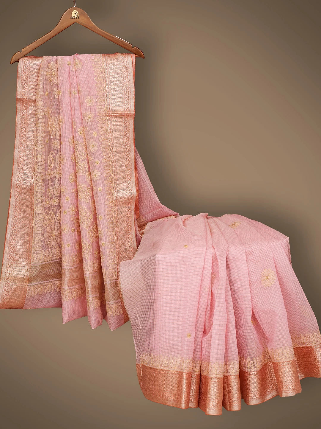 Ada Hand Embroidered Pink Chanderi Lucknowi Chikankari Saree and Blouse 01A838219