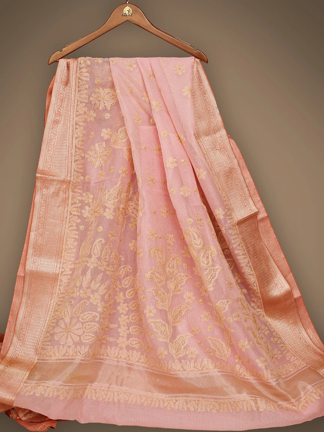 Ada Hand Embroidered Pink Chanderi Lucknowi Chikankari Saree and Blouse 01A838219