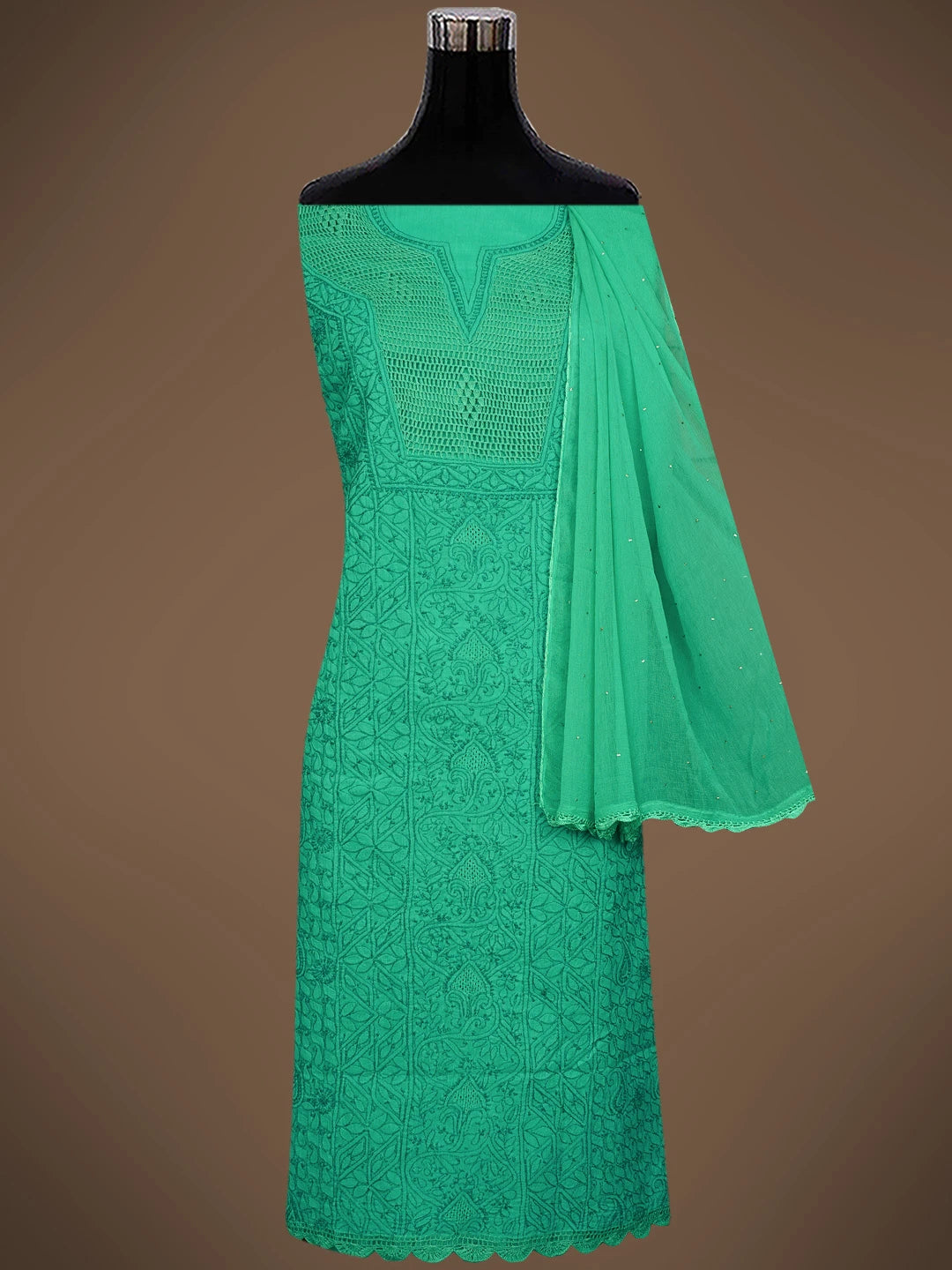 Ada Hand Embroidered Persian Green Cotton Lucknowi Chikankari Unstitched Suit Piece With Mukaish Work 01A839574