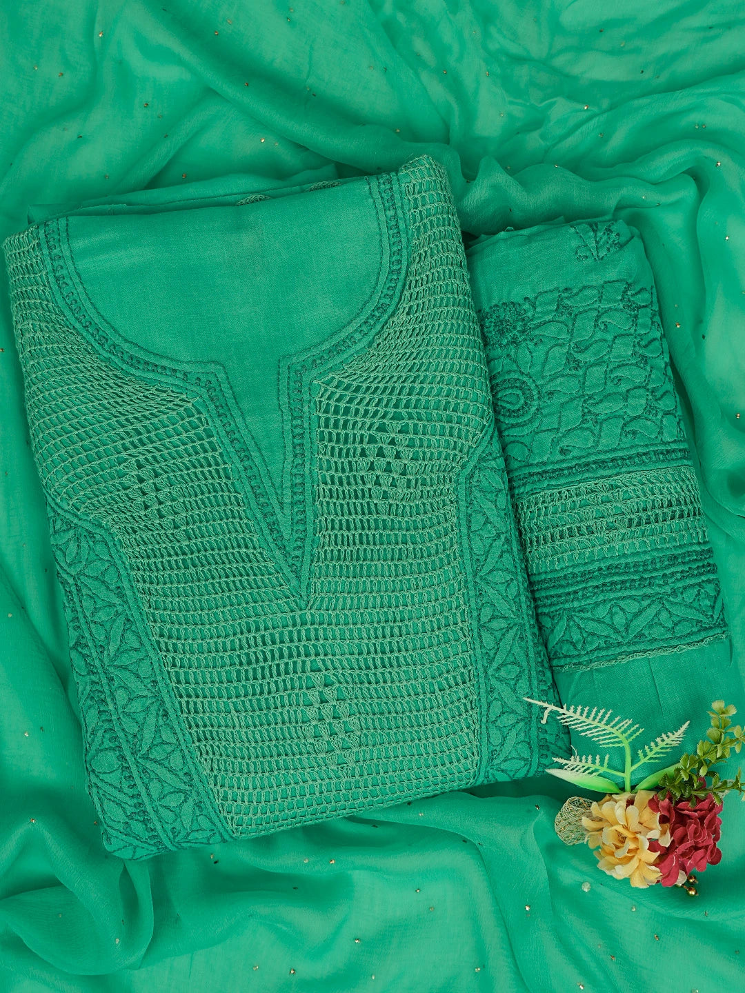 Ada Hand Embroidered Persian Green Cotton Lucknowi Chikankari Unstitched Suit Piece With Mukaish Work 01A839574