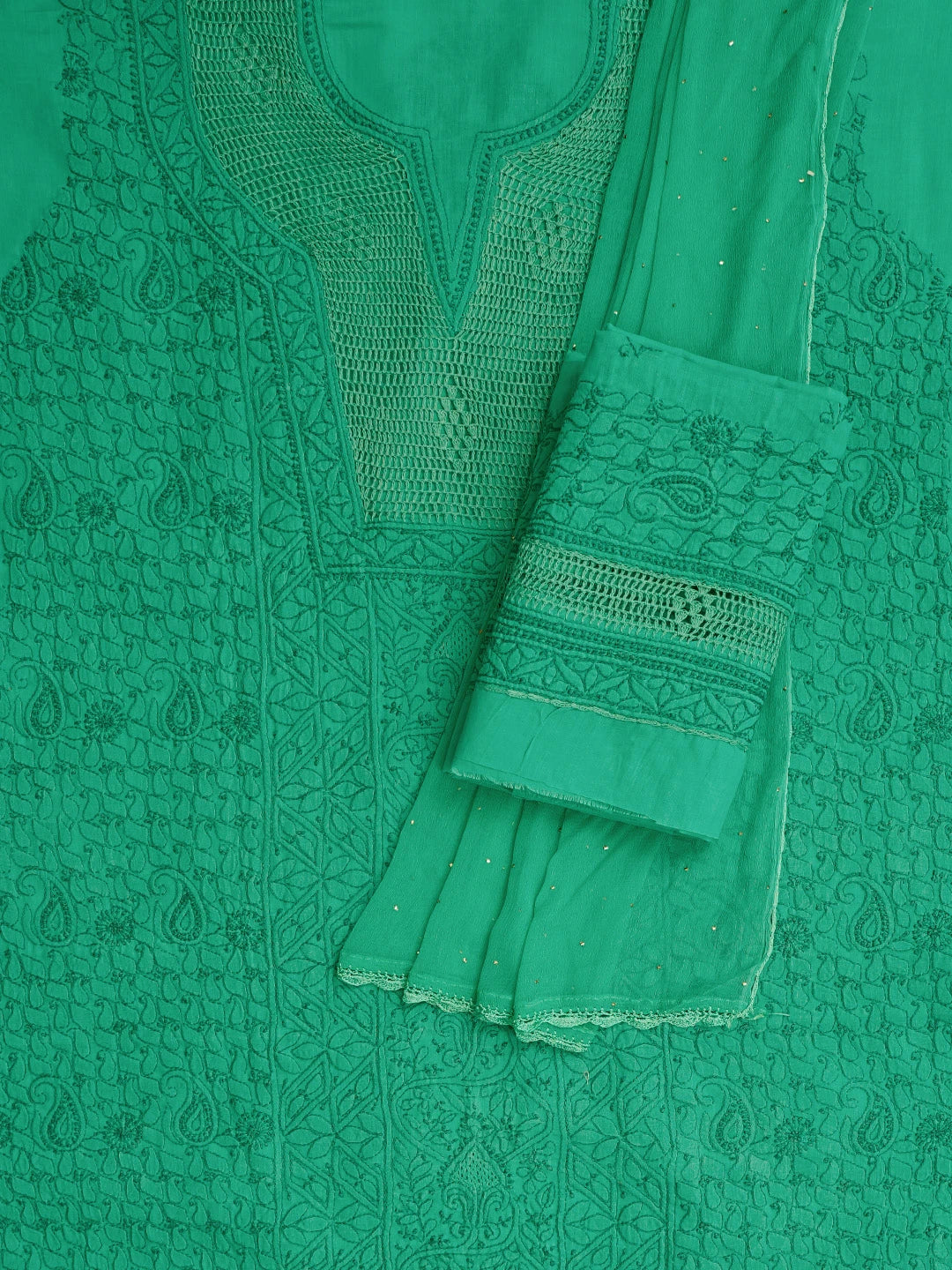 Ada Hand Embroidered Persian Green Cotton Lucknowi Chikankari Unstitched Suit Piece With Mukaish Work 01A839574