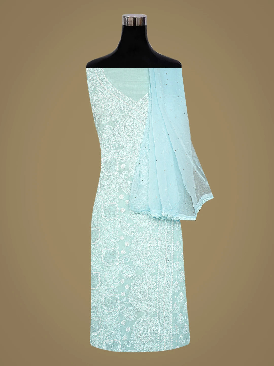 Ada Hand Embroidered Pale Azure Blue Cotton Lucknowi Chikankari Unstitched Suit Piece With Cutdana Work 01A787564